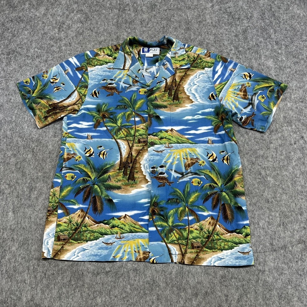 RJC Shirt Mens M Blue Hawaiian Tropical Beach Fish Aloha Made Hawaii USA Vintage
